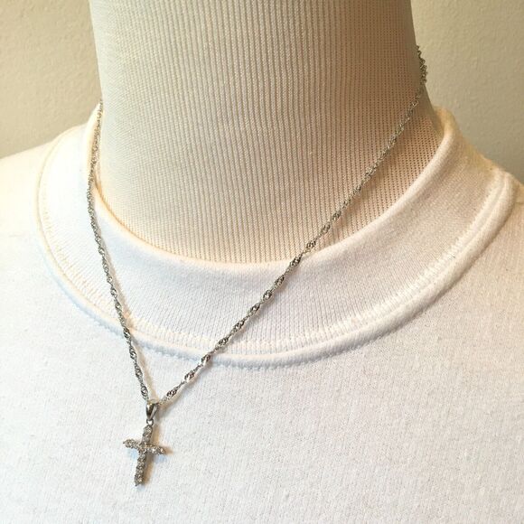 Cross Necklace Sterling Silver Cubic Zirconia Pendant 925 17in Twist Chain - Picture 10 of 14